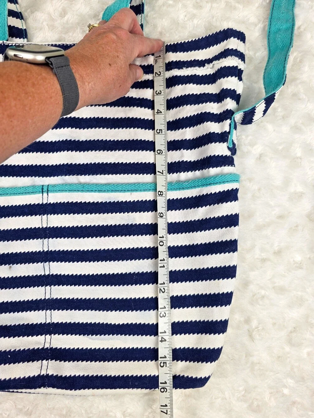 Thirty-One Retro Metro Navy and White Striped Tote Bag